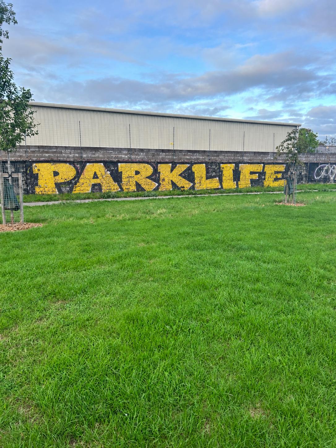 PARKLIFE painted in yellow on the wall beside the green at Pondarosa Park